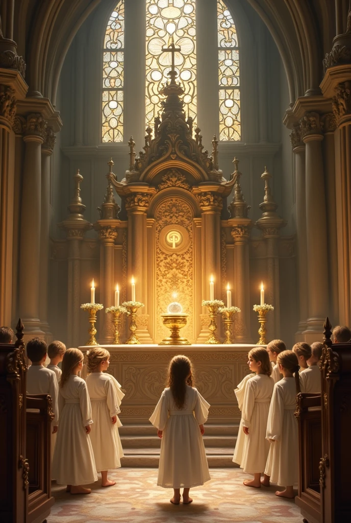 altar, Eucharist, children, flowers
