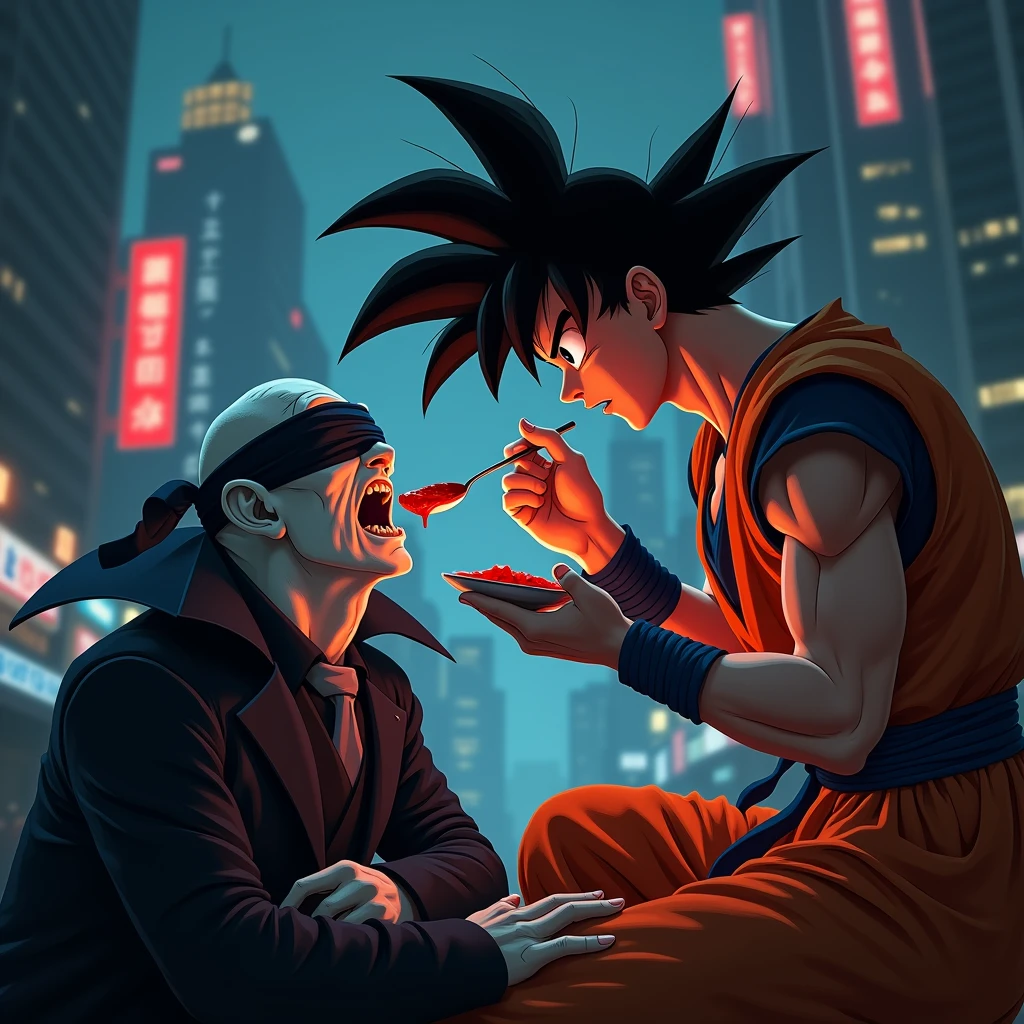 Draw Goku feeding tomato sauce in the mouth to the blindfolded vampire, in a dark city