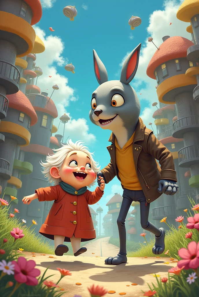Create two fantastic nohumans cute and old characters Ms. Speed and Mr. Acceleration with tranes showing their characteristics, like ghibli and in a cute Movement Kingdom