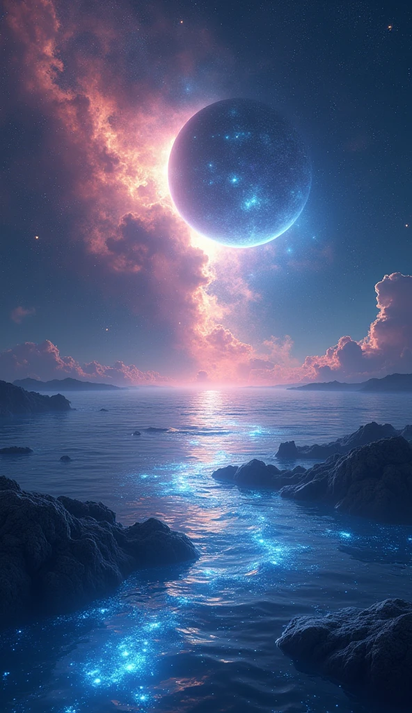 a beautiful cosmic landscape, swirling starry sea, shimmering, glimmering, luminous, reflective, best quality, 8k, highly detailed, photorealistic, cinematic lighting, dramatic shadows, vibrant colors, nebulae, glowing celestial bodies, iridescent atmosphere, ethereal, dreamlike, mystical, serene, tranquil