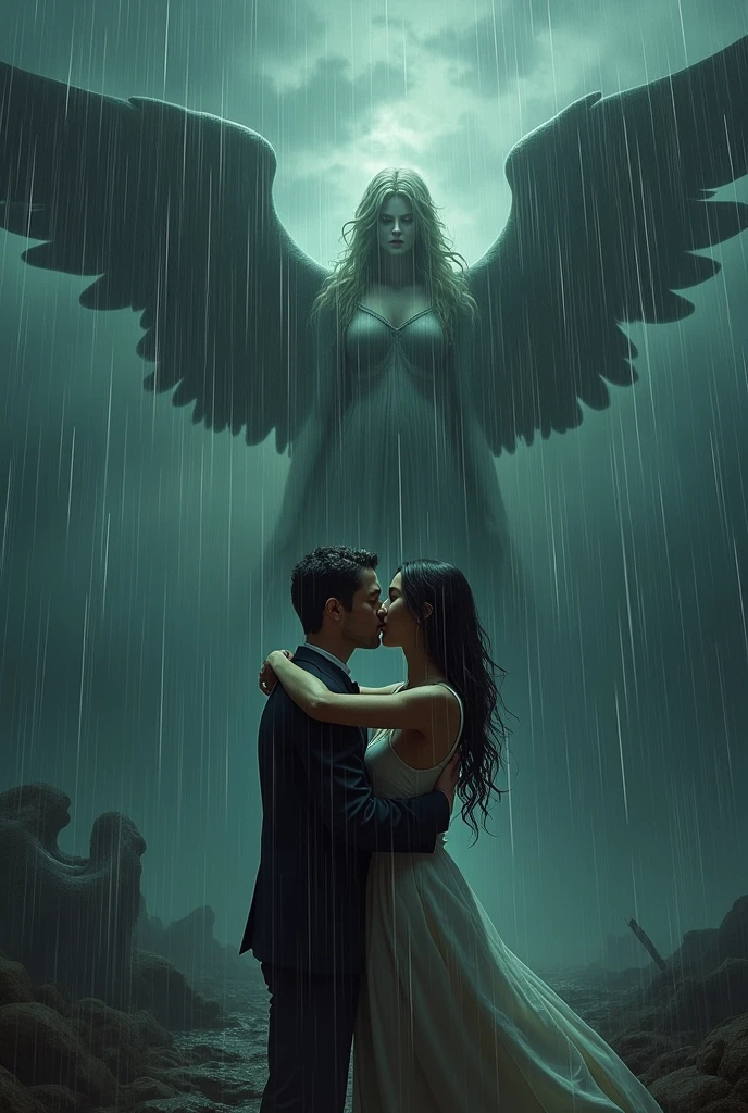 dark red gloomy sky with heavy downpour. a man and women together in the middle of all the mess, hugging each other so tightly, afraid. Angels in the sky, crying in fear and anger for them 

it’s raining heavily 
