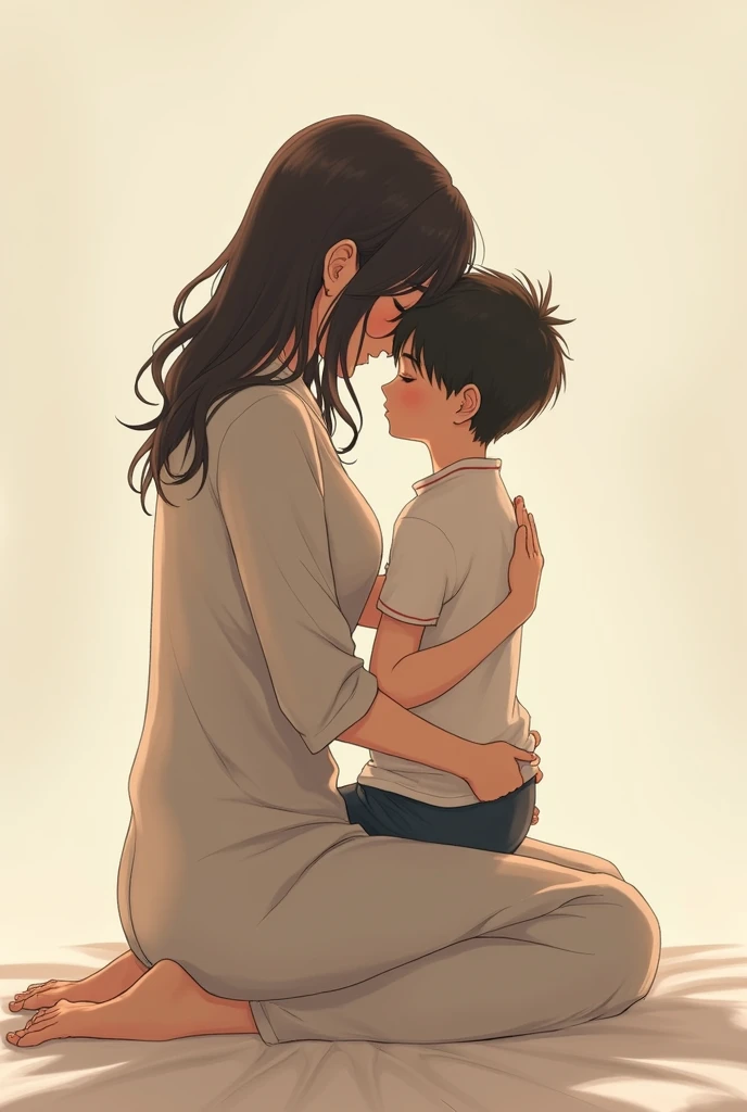 Anime Style, full body kneeling, mother and son huging each other, his head rests on her breasts, her hand on his head, his one hand on her butt in the other in her laps