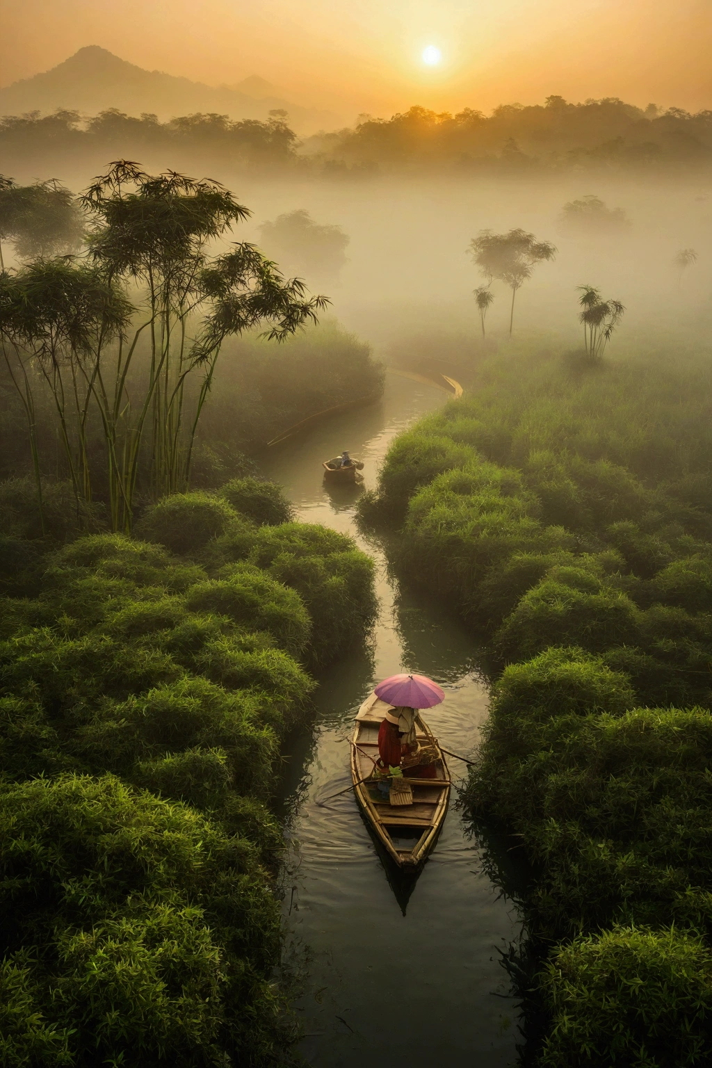 Misty,Sunset through the fog,Aerial view of a bamboo raft,A woman holding an umbrella in front of a bamboo raft,There is a boatman behind,Like a Chinese landscape painting, it also looks like a fairyland, as if there is Buddha's light.,Maximum resolution,All the details can be seen clearly,Cinematic color grading