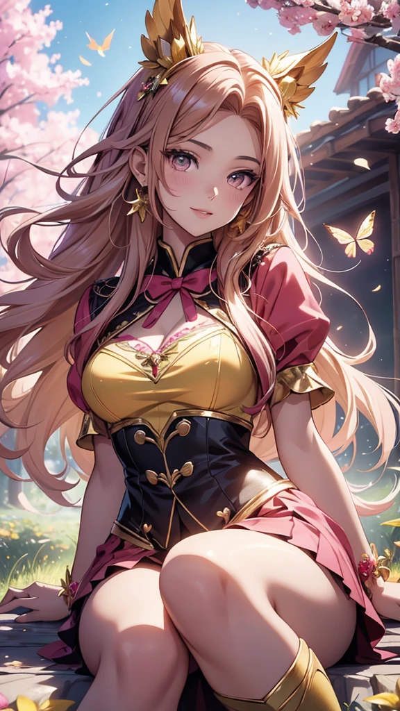 (best quality,4k,8k,highres,masterpiece:1.2),ultra-detailed,(realistic,photorealistic,photo-realistic:1.37),acrylic painting,beautiful Brazilian model in a uniform outfit red and gold with downy hair,beautiful Brazilian model with extremely colorful brown hair and detailed facial features,beautiful Brazilian model standing in a beautiful garden surrounded by a starry sky,pink hair,beautiful Brazilian model wearing a vibrant rose pinkl and gold uniform outfit,beautiful Brazilian model with intricate accessories,cat ears, ,beautiful Brazilian model with long flowing twintails,beautiful Brazilian model with bright brown eyes and rosy lips,beautiful Brazilian model with a joyful expression,beautiful Brazilian model in a dynamic pose with cherry blossoms falling around her,beautiful Brazilian model surrounded by colorful flowers and butterflies,beautiful Brazilian model's school uniform outfit adorned with cute bows and lace details red and gold,beautiful Brazilian model with an enchanting smile,beautiful Brazilian model with soft, pastel-colored shading,beautiful Brazilian model with a magical glow illuminating her,beautiful Brazilian model in a picturesque setting with a winding path leading to a magnificent castle,beautiful Brazilian model with a fairytale-like background,beautiful Brazilian model with a soft, dreamy atmosphere,beautiful Brazilian model with a subtle bokeh effect,beautiful Brazilian model standing under a sunny sky,beautiful Brazilian model with a warm, golden sunset in the background,beautiful Brazilian model surrounded by twinkling stars and colorful nebulae,creating an ethereal and captivating artistic masterpiece, sitting down, facing camera, uniform outfit genshin