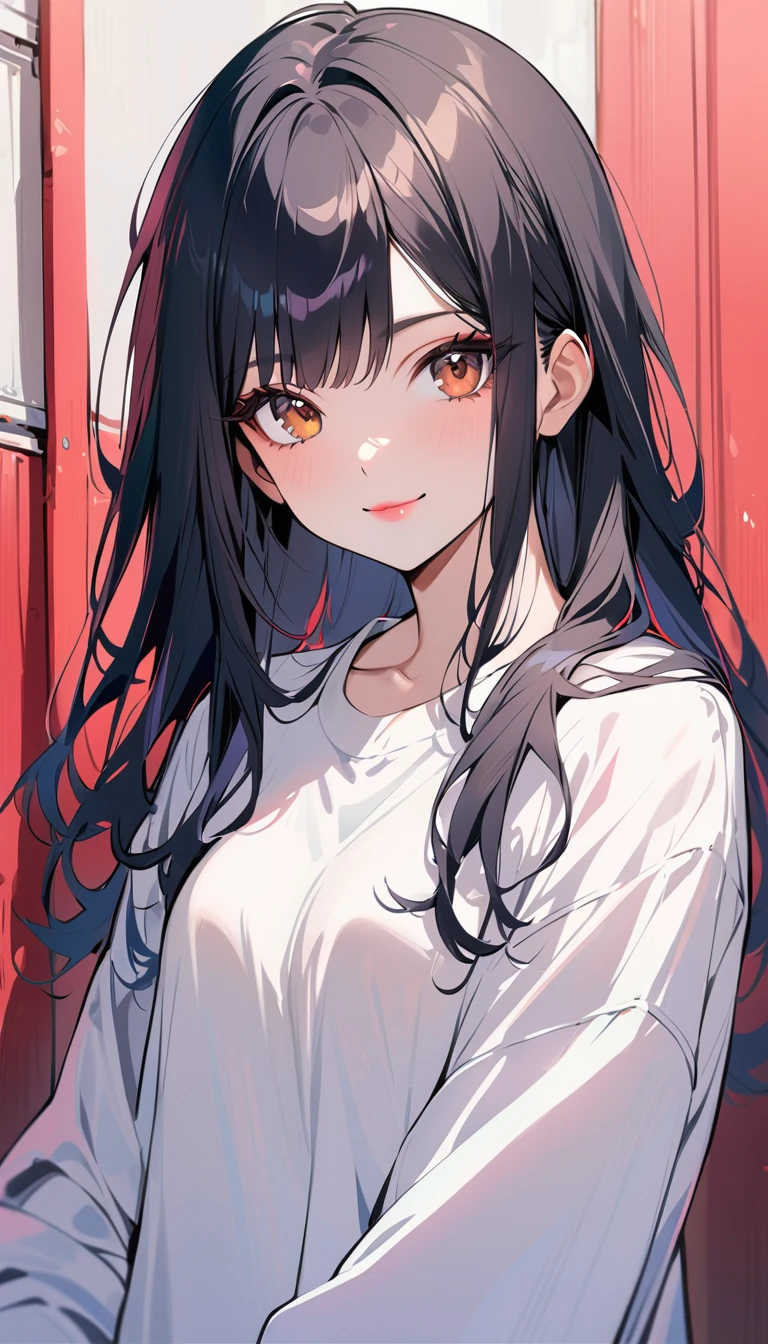 1woman, solo, middle part, medium straight hair, black Hair, brown eyes, smile, wear white oversize shirt, pink lips, looking at viewer, light lips, cowboy shot, closed mouth
