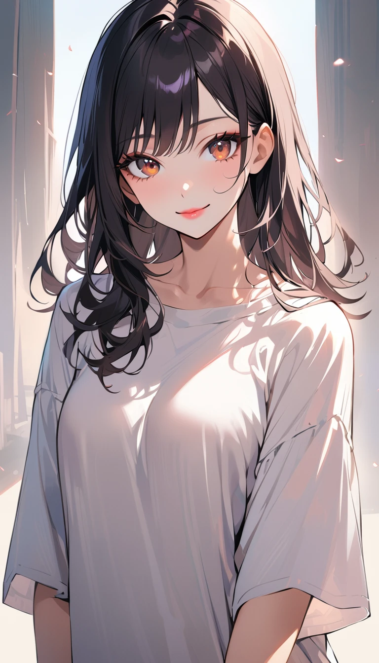 1woman, solo, middle part, medium straight hair, black Hair, brown eyes, smile, wear white oversize shirt, pink lips, looking at viewer, light lips, cowboy shot, closed mouth