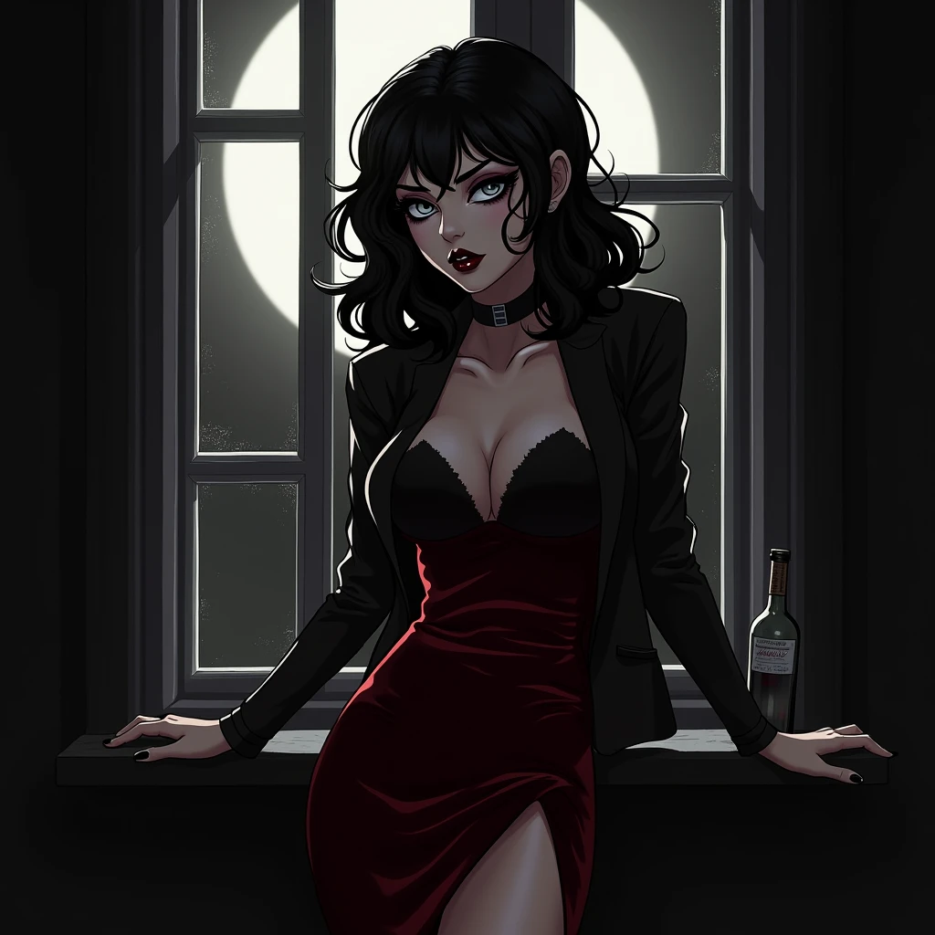 Cruella in black and white hair in anime version wearing dark makeup and in dark villa while holding red wine The shadows In night ...It is full moon outside her eyes glimmering in dark... She is standing beside her window ... Closeup photo she is wearing red velvet sexy dress