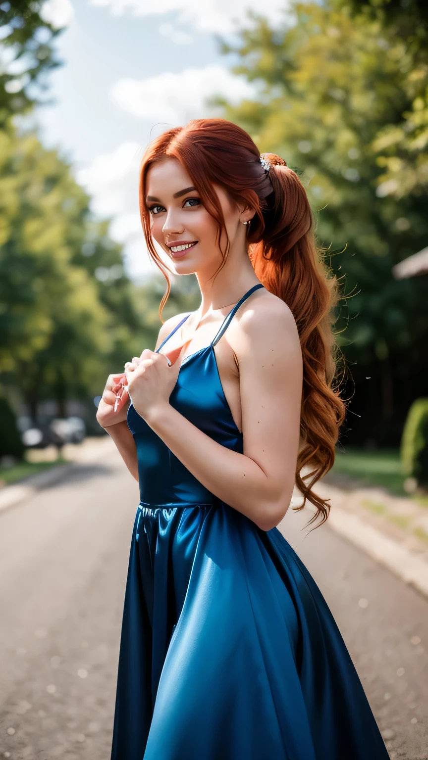 Realistic full body photo of a smiling red-haired young girl with long hair, ponytail hairstyle, She dances in front of the camera in a long A-line bridesmaid dress with straps made of shiny blue satin., Park,glamour fotoshooting, Wedding celebration, perfect anatomy, perfect green eyes. Perfect hands with 5 fingers on each hand, Matching girl, look into the camera, 1 Frau. (Eye make up:1.1), (highly detailed skin:1.1), spirit, analog style, keen focus, 8K UHD, dslr, good quality, Fujifilm XT3, Grain, Award-winning, masterpiece. Wedding celebration