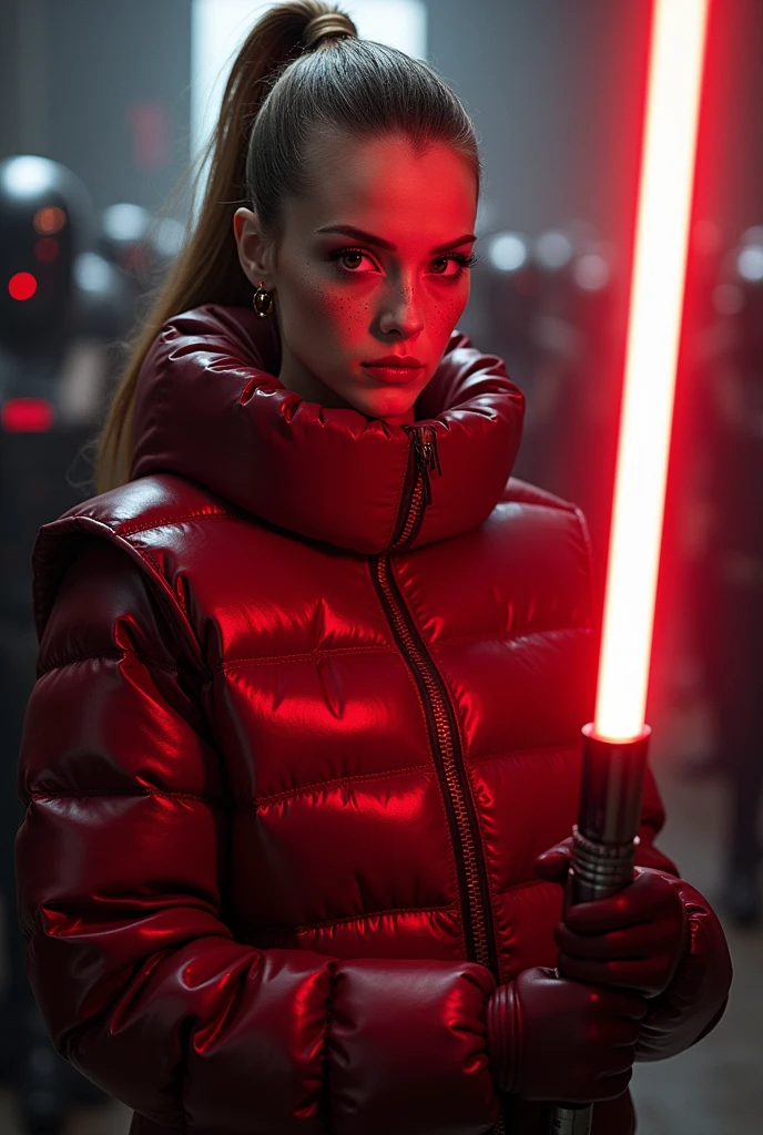  a slim ponytail  angry sith wielding her bright lightsaber, she is walking in room full of jedi,beautiful detailed bright red-colored eyes,beautiful freckles,beautiful detailed lips,extremely detailed eyes and face,longeyelashes, wearing beautiful detailed skintight airtight covering-head hooded armored formfitting duvetica overfilled overinflated shiny hyper gleamy  thick hyper glossy puffer-vest covering over  her padded high-collared sealed puffer-jacket, glossy latex  leggings,symmetrical,masterpiece,cinematic,lifelike,hyperrealistic,8k,photorealistic,highly detailed,intricate,exquisite,elegant,beautiful,stunning