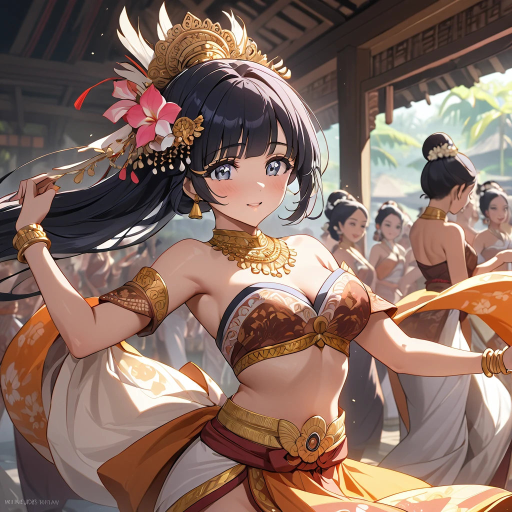 ((Highest quality)), ((masterpiece)), (detailed), （Perfect Face）、The woman is Reika Aoki with semi-long hair、A woman is dancing a Balinese dance in a Balinese costume in Bali, Indonesia