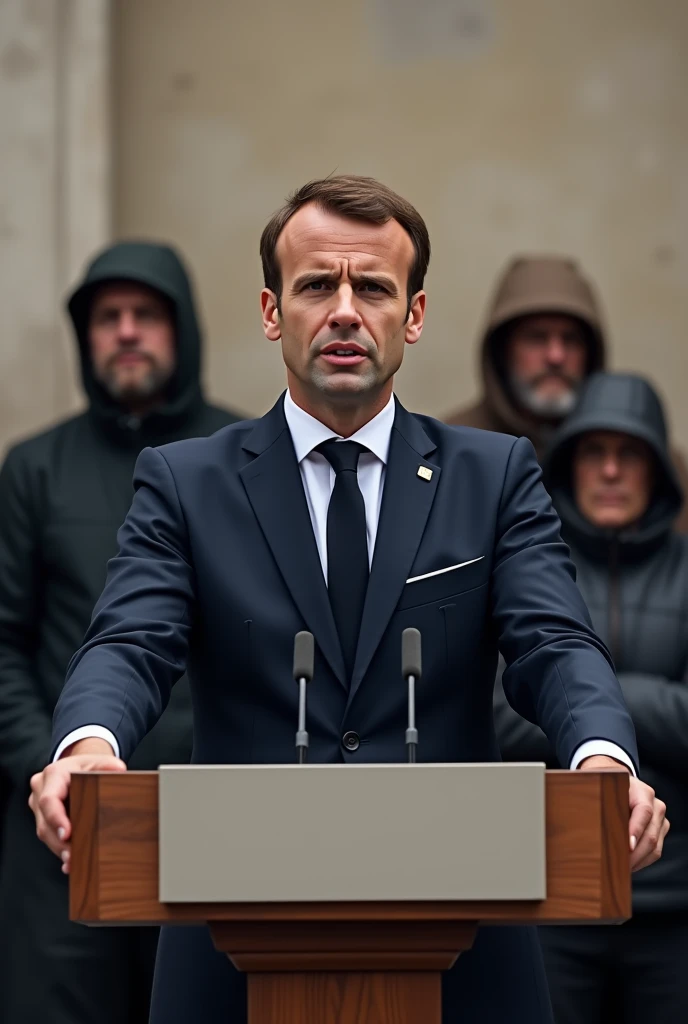 Emanuel Macron n'est pas tres content il est entrain de faire un discour, sur un pupitre , il est face a un mur deriere lui on voit des clochards