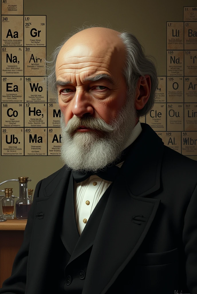 Dmriti mendeeleev with mendeleev periodic in the background