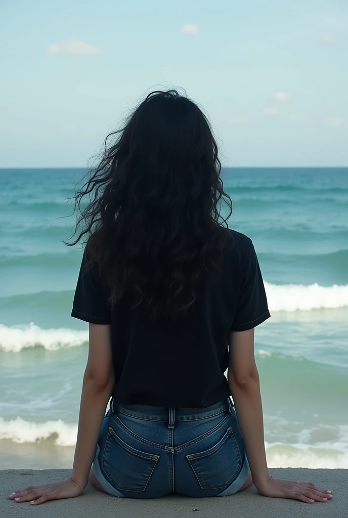 A girl with black long curly hair is sitting facing the sea in a black shirt and denim shorts
