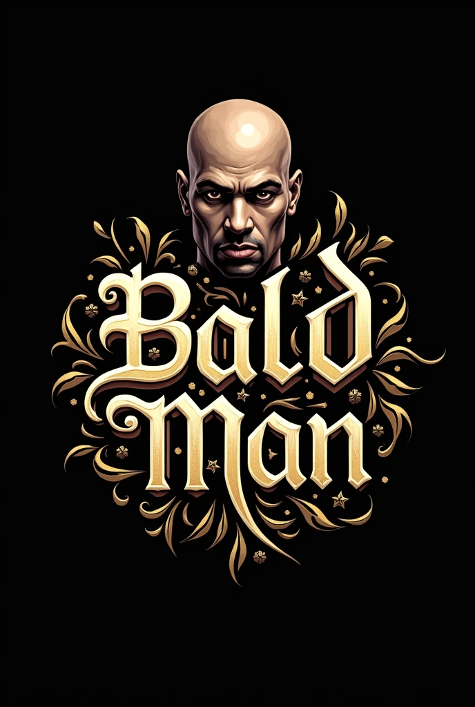 High quality lettering style logo, for rap music, with the text in Spanish "Tattooed Bald Man", on a solid black background, Clean design with lettering and its extravagant decorations, maintaining a modern approach, luxurious, simple and streetwise, with main colors in gold and white, High resolution with professional quality