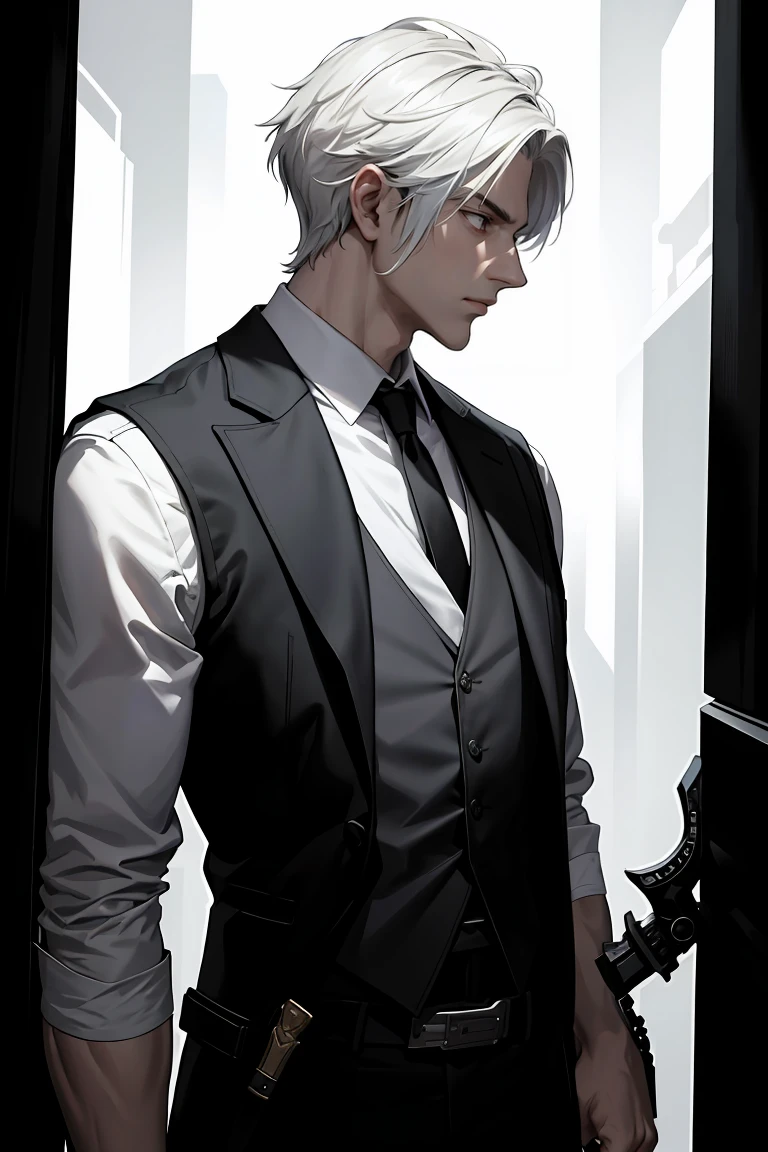 profile, upper body, from, ((masterpiece)), best quality, extremely detailed face, correct exposure, perfect lighting, depth of view, (sci-fi black clothes, light vest, many belts, modern clothes,)), man, young man with white fluffy hair, bratty expression, young man, purple eyes, knife holders on the belt, in a narrow gateway, a narrow space.