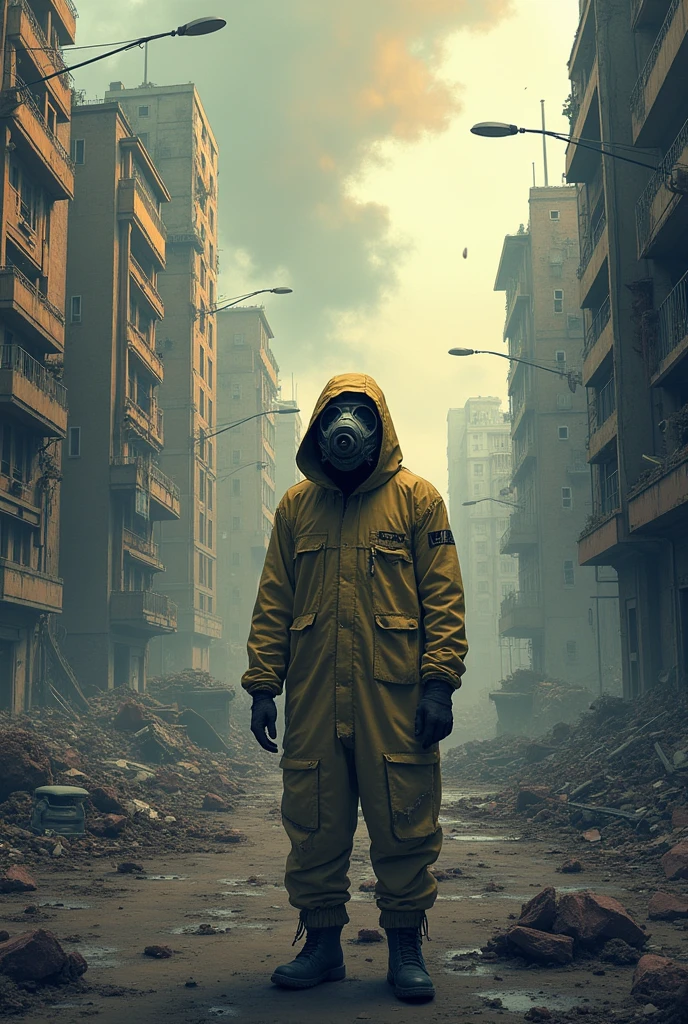 1 man in yellow and orange anti-radioactivity protective clothing in a post-radioactive apocalypse street with green smoke