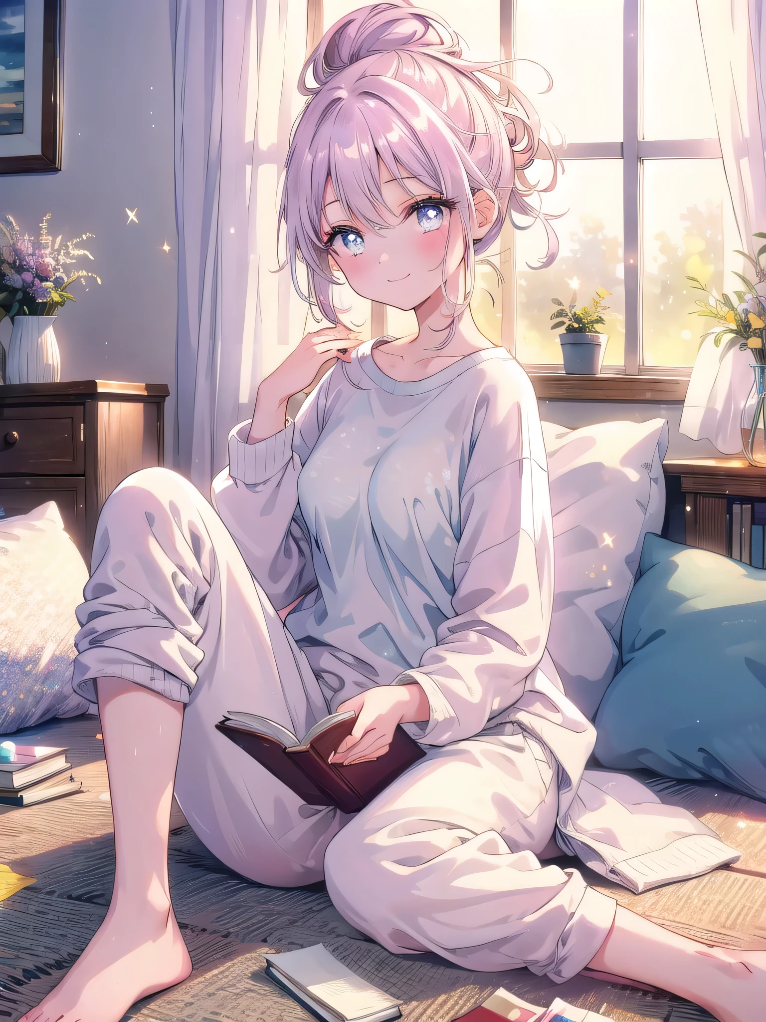 ((8k, Highest quality, masterpiece: 1.3)),Ultra-high resolution,(1 girl, alone), (Color changing eyes, Ultra-detailed, Expressive brilliance, Glitter, Glowing Eyes), Highly detailed eyes, Highly detailed face, Random Hair, ((pastel colour))A beautiful woman sitting on the floor in her living room, surrounded by books and magazines. She’s dressed in a casual white T-shirt and soft joggers, with her hair tied up in a messy bun. The afternoon light filters through the curtains, creating a cozy, relaxed atmosphere. She’s flipping through a book, occasionally glancing up at the camera with a soft, contented smile, as if sharing a quiet, peaceful moment with her boyfriend,(nsfw:1.4)