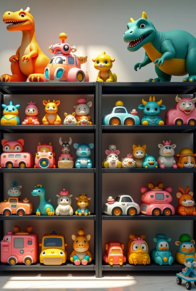 (CREATE A STORE WITH BLACK METAL SHELVES WITH TOYS, IN IT REMOTE CONTROL CARS, dinosaurs, COW JUMPERS, tractors, dolls, TRICYCLES, THAT THERE ARE 2 SHELVES in a super market)