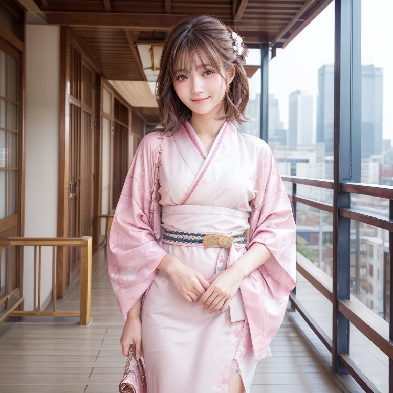 (Top image quality、8K、masterpiece:1.3))、Realistic high-quality photos、top-quality、girl cute-fine face、 beautiful Japan girl、Photo of slim model、Beautiful girl model、young japanese girl、Young cute face、japanaese girl、 female model、Beautiful Model Girl、The innocent look of the girl next door、lovely delicate face、Brown hair、Beautiful brown eyes、Tear bag、drooing eyes、young body、(Full body shot), ((Pink color kimono)), Smile、building, chain-link_fence, fence, Skyscraper, Cityscape,