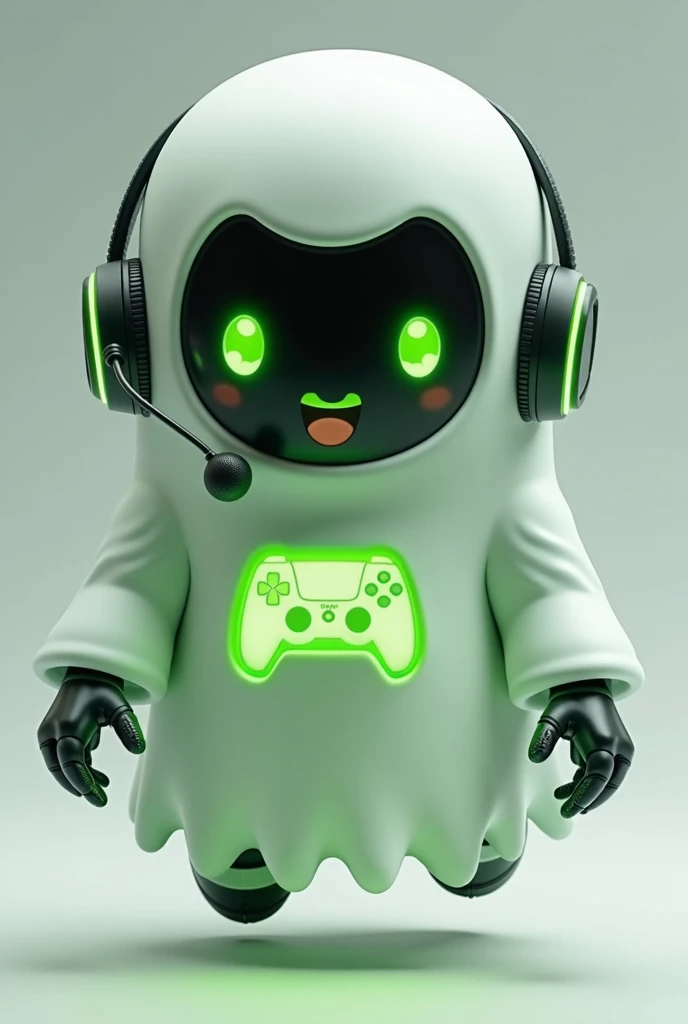Create a medium-sized robot pet with a ghost-like appearance. With slightly rounded shapes resembling a drop. On your hands you have well defined fingers. His facial expression has large, green eyes with a glow, conveying a friendly and cheerful expression. He has a small open mouth with a happy smile and flushed cheeks.. Its body is white with small green details and a smooth, slightly shiny texture.. He has a headset on his head with an adjustable microphone positioned close to his mouth.. And on his chest you can see the illuminated shape of a Playstation 5 controller in fluorescent green.. It floats in the air, as if he were ready for an adventure. Behind the character you can see a portal and on it is written "Soul Gamer"