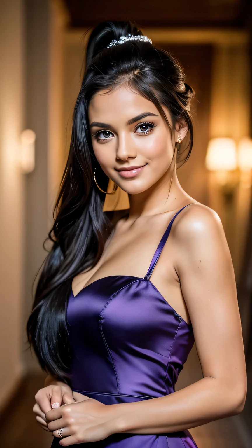 Realistic full body photo of a smiling black-haired young girl with long hair, ponytail hairstyle, She dances in front of the camera in a long A-line bridesmaid dress with straps made of shiny purple satin., Park,glamour fotoshooting, Wedding celebration, perfect anatomy, perfect brown eyes. Perfect hands with 5 fingers on each hand, Matching girl, look into the camera, 1 Frau. (Eye make up:1.1), (highly detailed skin:1.1), spirit, analog style, keen focus, 8K  UHD, dslr, good quality, Fujifilm XT3, Grain, Award-winning, ​masterpiece. Wedding celebration