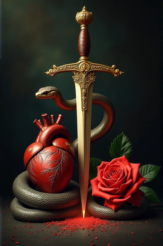 An image that works a golden dagger, A snake, a heart and a rose