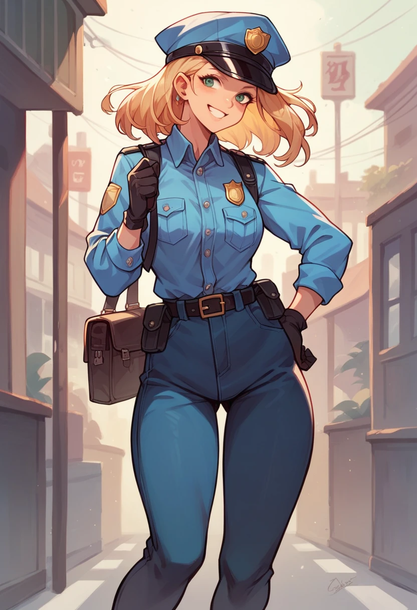 score_9, score_8_up, score_7_up, score_6_up, score_5_up, score_4_up, mirandawright standing outside a police station, <lora:MirandaWright_XL:1> short hair, blonde hair, police uniform, large breasts, solo, art by devil_hs, art by melkor mancin, detailed background