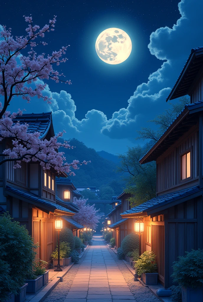 make a picture of Japan old Street view, night sky with Stars , moon , beutiful trees , realistic, Anime