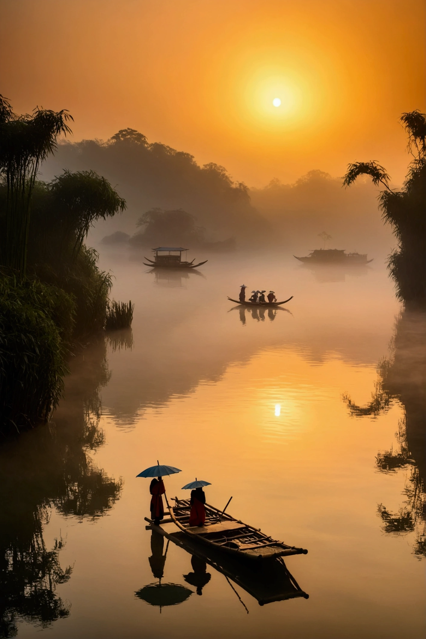 Misty，Sunset through the fog，Aerial view of a Chinese bamboo raft，A woman holding an umbrella in front of a bamboo raft，There is a boatman behind，Like a Chinese landscape painting, it also looks like a fairyland, as if there is Buddha&#39;s light.，Maximum resolution，All the details can be seen clearly，Cinematic color grading
