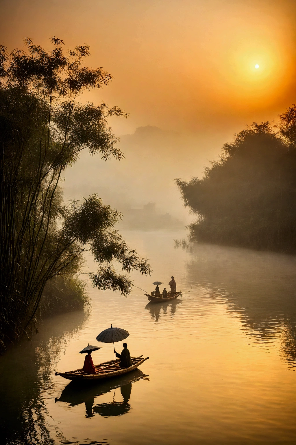 Misty，Sunset through the fog，Aerial view of a Chinese bamboo raft，A woman holding an umbrella in front of a bamboo raft，There is a boatman behind，Like a Chinese landscape painting, it also looks like a fairyland, as if there is Buddha&#39;s light.，Maximum resolution，All the details can be seen clearly，Cinematic color grading
