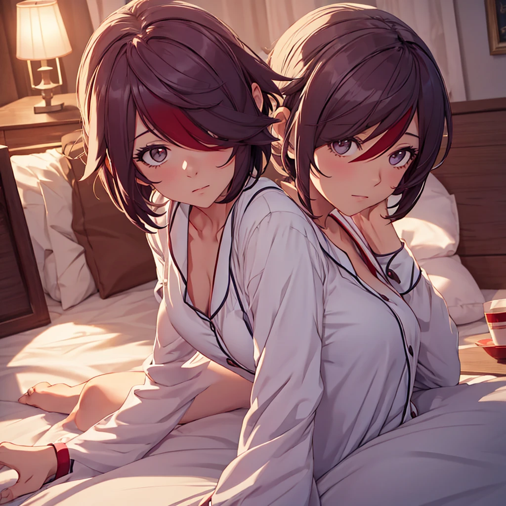 Rosaria from Genshin impact game, 1woman, wearing a cute pajamas, at morning bed, short hair style, 8k, high detailed, high quality, full body