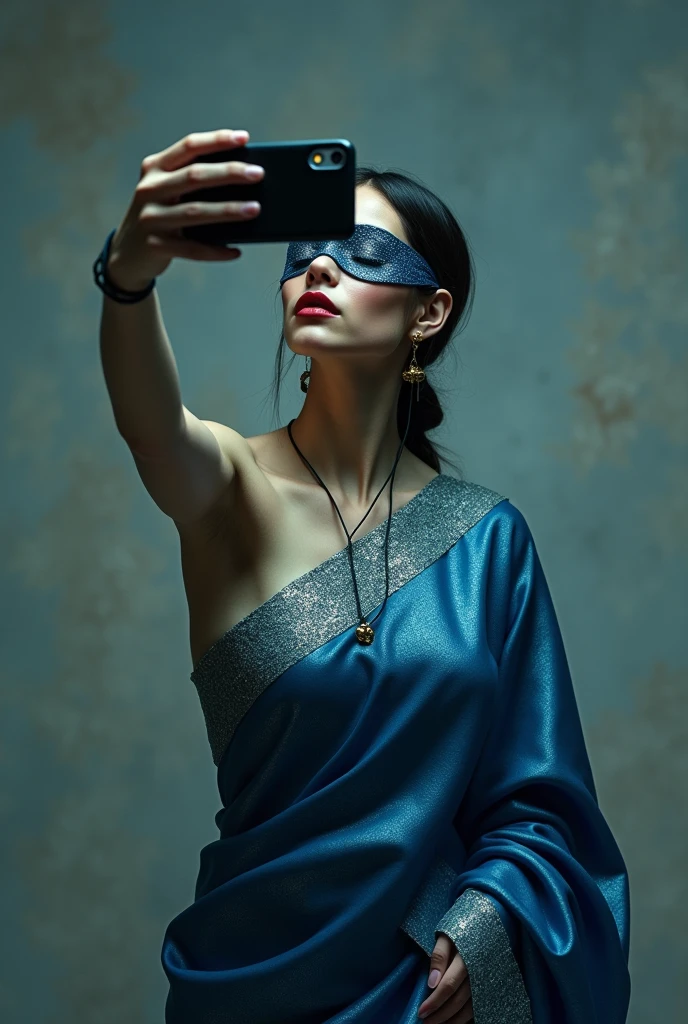 Aesthetic girl blindfolded gagged in blue shimmering saree taking selfie