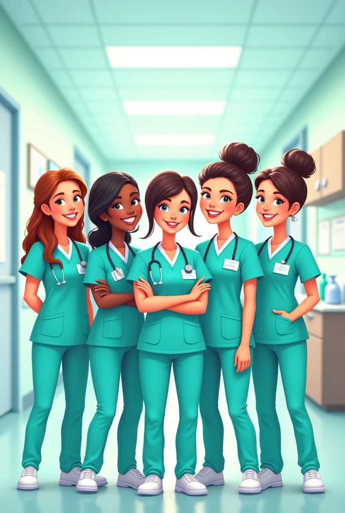 six nurses together looking forward in turquoise uniform cartoon