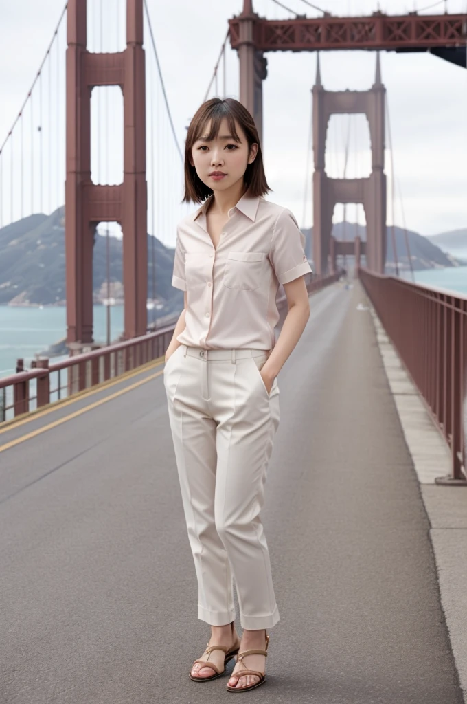 full_body, standing, sandals, (shirt), pants, (golden gate bridge), (anjou_kozuki: 1.2), perfect face, (contact iris: 1.1), pale skin, skin pores , depth of field