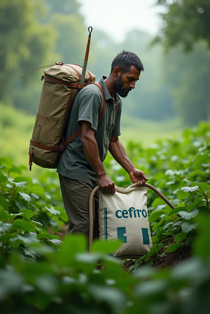 (photorealism:1.2), man working the field, using a backpack for pesticide, green agricultural field in jungle area, CEFNO initials fertilizer bag
