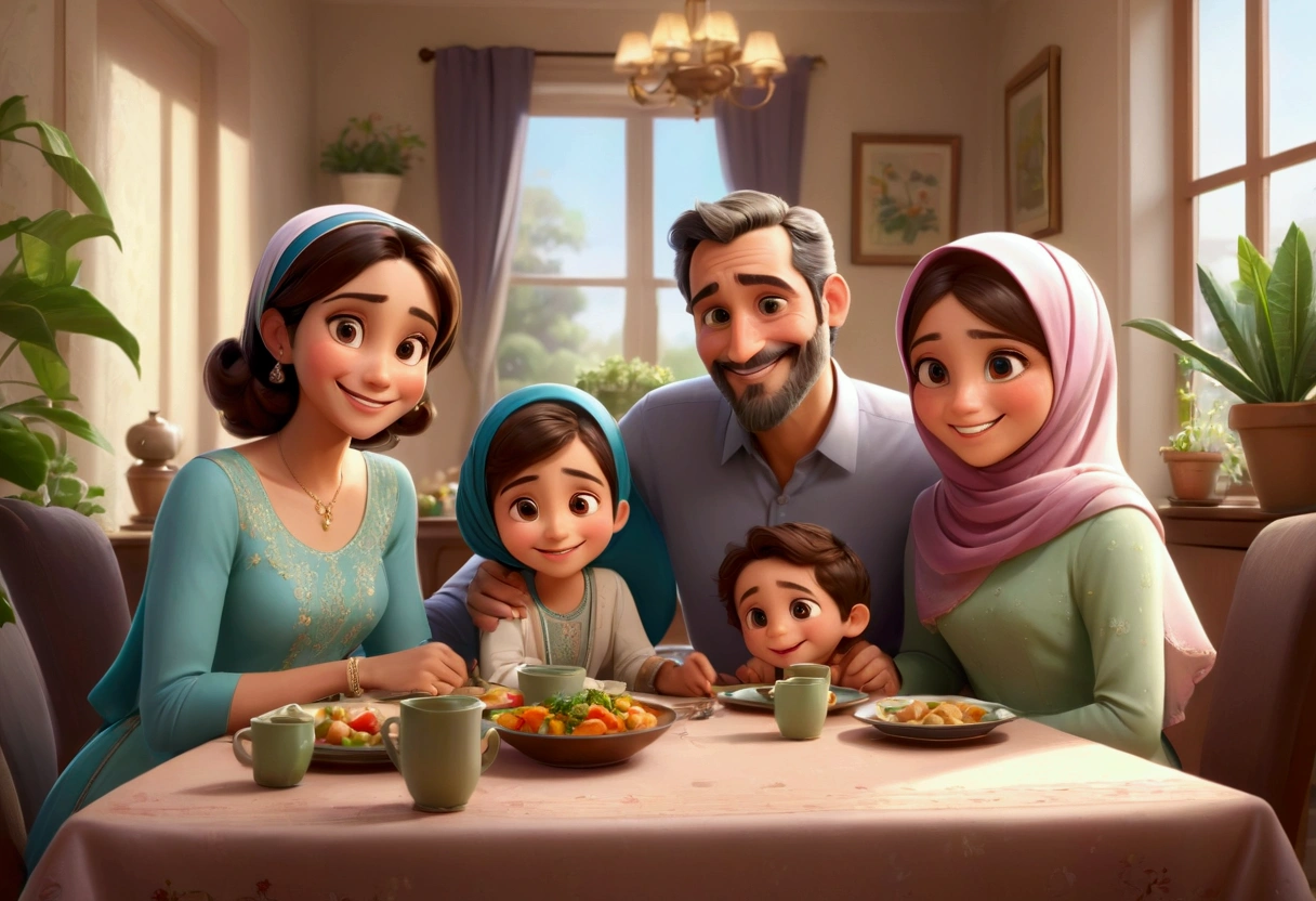 Draw in Pixar style, a smiling family that looks happy, the family is sitting in the dining room around the dinner table, the family consists of only four members, the father is 35 years old, and the mother is 2 in modest Islamic dress, her head is covered and her dress is beautiful and long, the family also consists of the son who is , and the girl who is , the details are wonderful and the image quality is high, the lighting is high coming from the windows, and the colors are rich, the living room is organized and elegant and has some plant pots