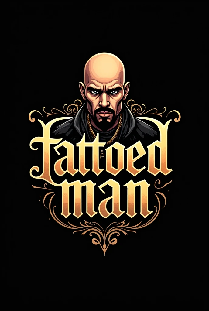 High quality lettering style logo, for rap music, with the text "Tattooed Bald Man", on a solid black background, Clean design with extravagant lettering and embellishments, maintaining a modern approach, luxurious, simple and streetwise, with main colors in gold and white, High resolution with professional quality