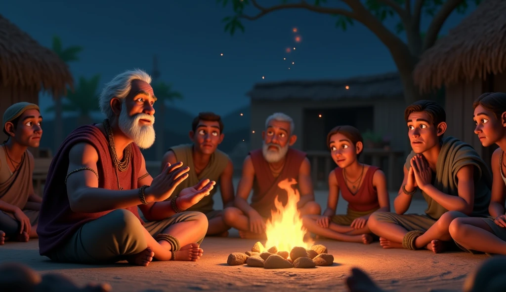 In 3D animation style:Arjun sitting by a fire, telling the villagers about the terrifying demon he encountered in the forest. The villagers listen intently, with concerned expressions.