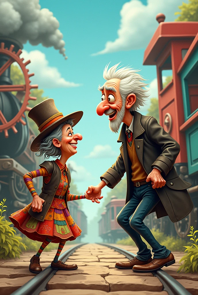 Create two fantastic old characters Ms. Speed and Mr. Acceleration with tranes showing their characteristics and in a cute Movement Kingdom