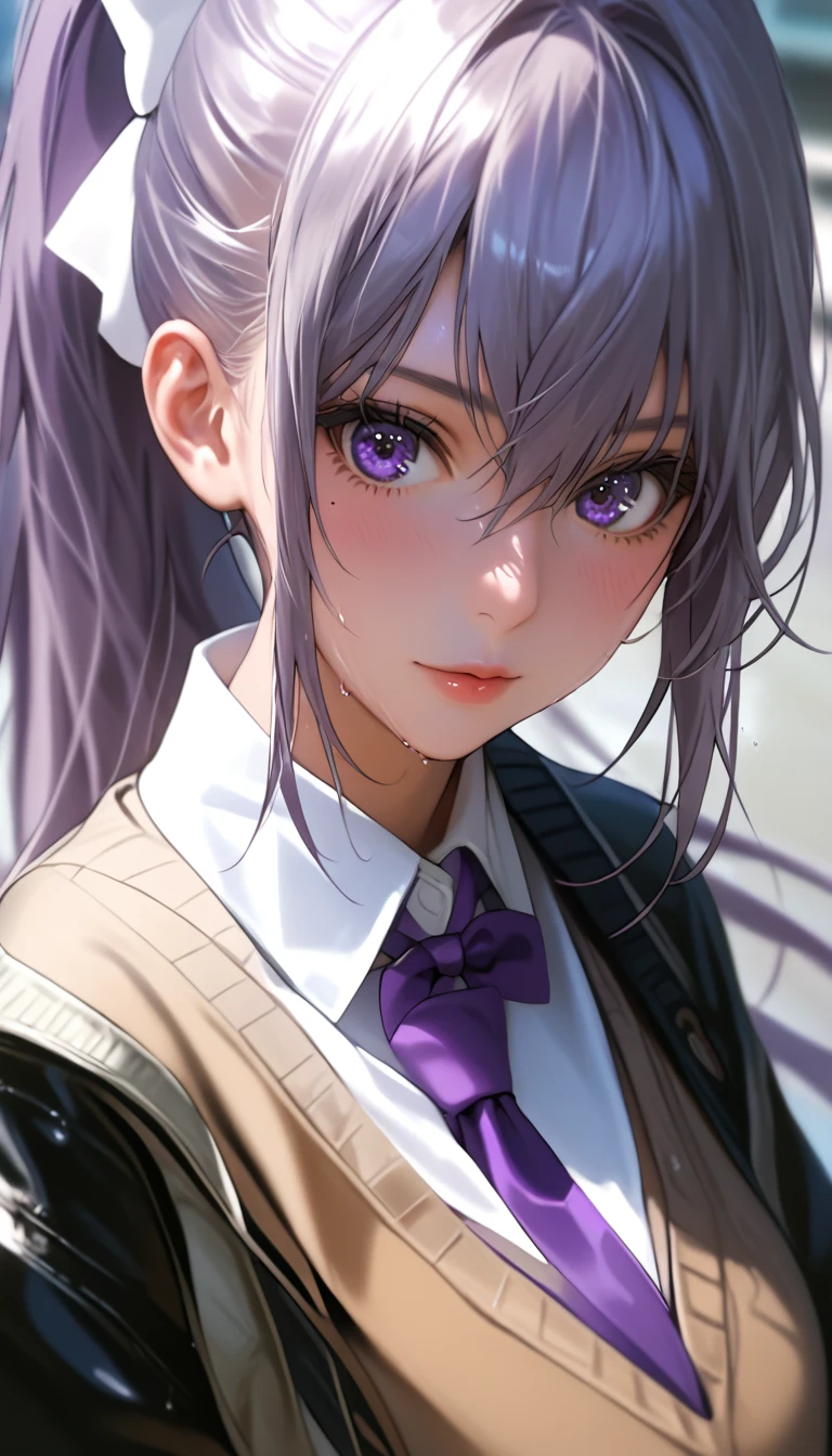 hk1, purple eyes, grey hair, hair between eyes, long hair, very long hair, ponytail, mole, mole under eye, bow, white bow, shirt, white shirt, necktie, purple necktie, cardigan, brown cardigan, jacket, black jacket,  Close-up details, realistic style photo Japanese young woman, outstanding style, tall, cute, adult. Use soft lighting to cast gentle shadows on the subject, adding a touch of dimension to your images without compromising details, score_9, score_8_up, score_7_up, sweaty, wet, shiny skin, smart looking, haughty,