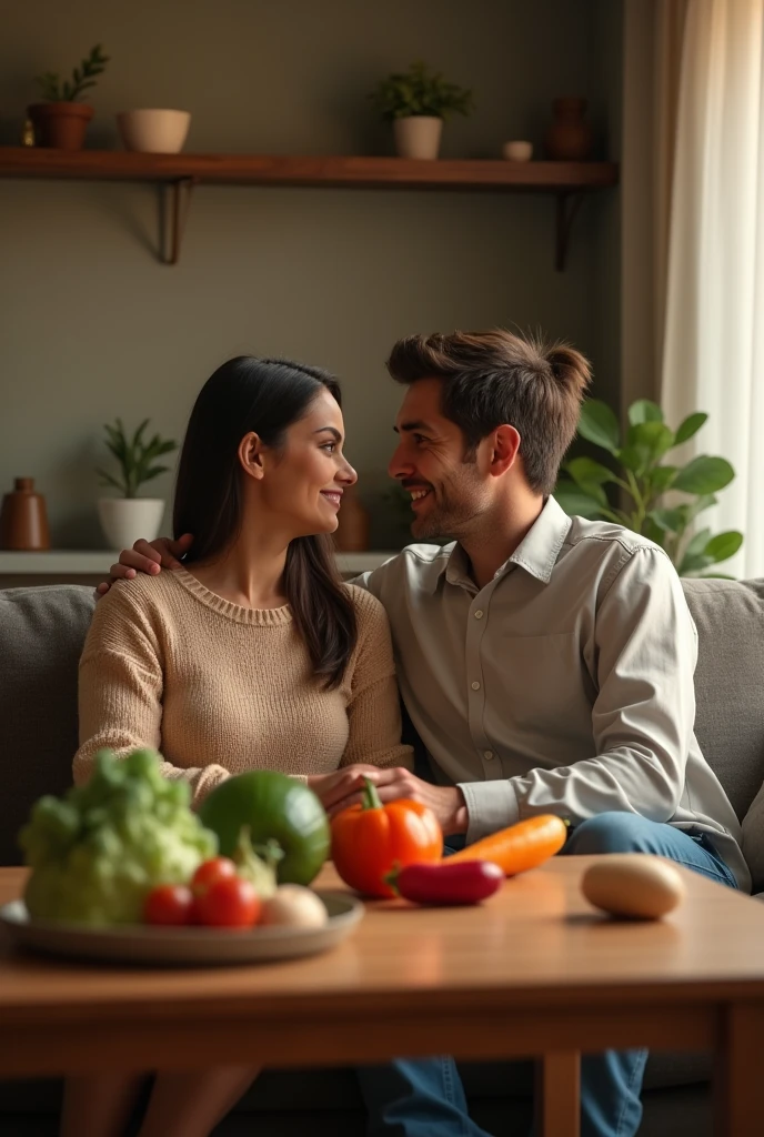 Militian husband and wife are sitting in the room in a pleasant mood with vegetables on the table