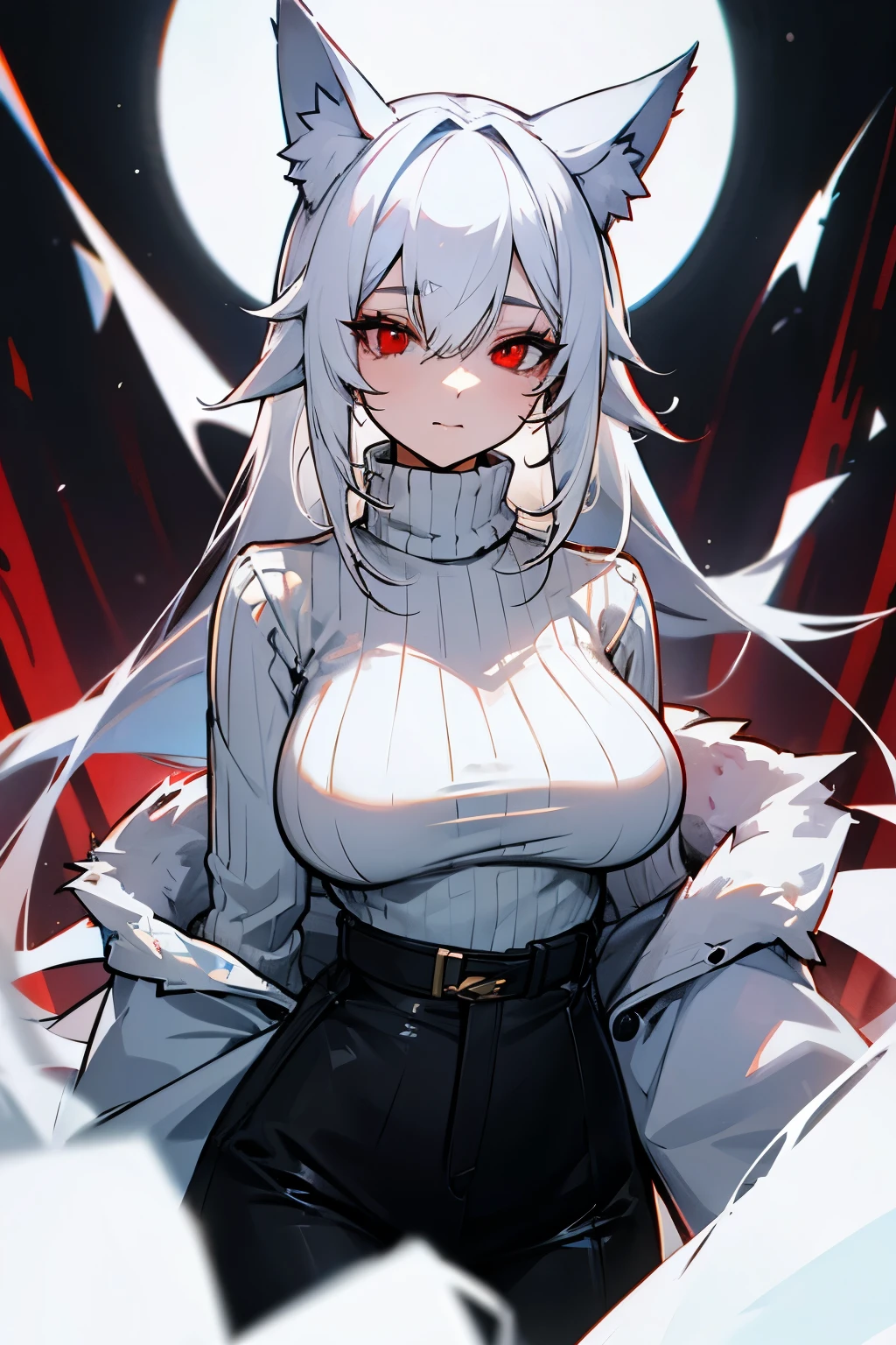 A woman with white hair, wolf ears, red eyes, a sweater, and big breasts.