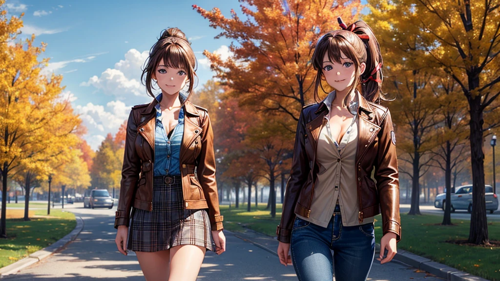 1girl, solo, trees, sun, clouds, autumn, colorful trees, falling leaves, ((brown hair)), ponytail, large breasts, ((brown leather jacket)), button down shirt, ((blue checked shirt)), ((checked shirt)), ((unbuttoned shirt)), ((unbuttoning buttons)), ((popping buttons)), ((full cleavage)), blue eyes, mini skirt, brown boots, smile, happy, looking at the viewer, ((walking)), hair ribbon, golden necklate