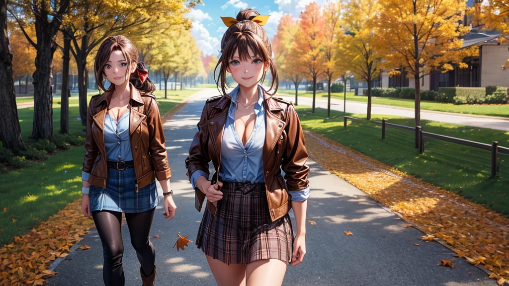 1girl, solo, trees, sun, clouds, autumn, colorful trees, falling leaves, ((brown hair)), ponytail, large breasts, ((brown leather jacket)), button down shirt, ((blue checked shirt)), ((checked shirt)), ((unbuttoned shirt)), ((unbuttoning buttons)), ((popping buttons)), ((full cleavage)), blue eyes, mini skirt, brown boots, smile, happy, looking at the viewer, ((walking)), hair ribbon, golden necklate