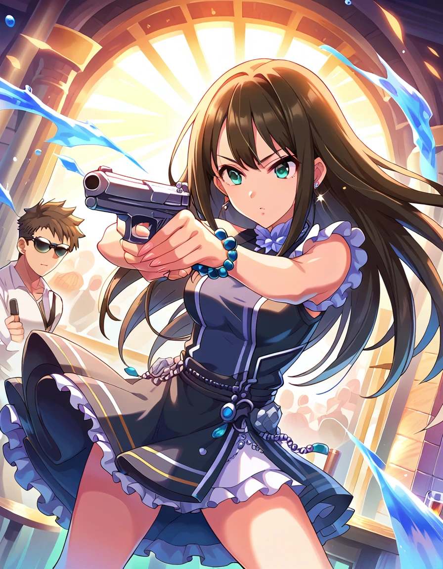 score_9, score_8_superior, score_7_superior, sauce_anime,
evaluation_Sensitive, bar counter，cyber punk，Green Eyes，Long Hair，Glamorous Dress，sunglasses，Ready your gun?，Cool expression，cool，Earrings，Gunfight，Agent，