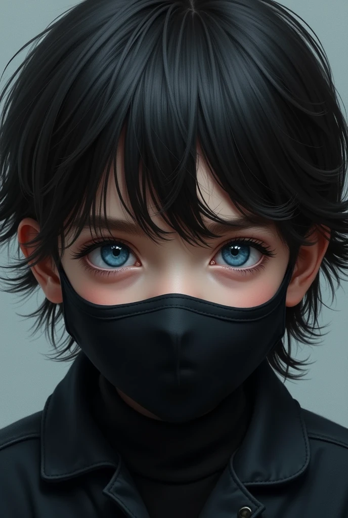 Make a boy face with a black face mask. Medium lenght hairs.
And blue eyes