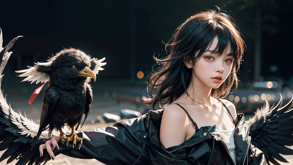 NSFW, short boy, feminine small shotacon, holding crow pet, small fragile body, black fur-lined clothes hanging on the shoulder, little to no clothes (showing core body), black hair, very messy mullet hair, bangs, shining crimson eyes, masterpiece, 8k, photorealistic, chiaroscuro lighting, dramatic shadows, cinematic composition, coast background, wearing black short, sharp black nails