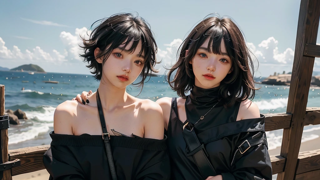 NSFW, short boy, feminine small con, holding crow pet, small fragile body, black fur-lined clothes hanging on the shoulder, little to no clothes (showing core body), black hair, very messy mullet hair, bangs, shining crimson eyes, masterpiece, 8k, photorealistic, chiaroscuro lighting, dramatic shadows, cinematic composition, coast background, wearing black short, sharp black nails