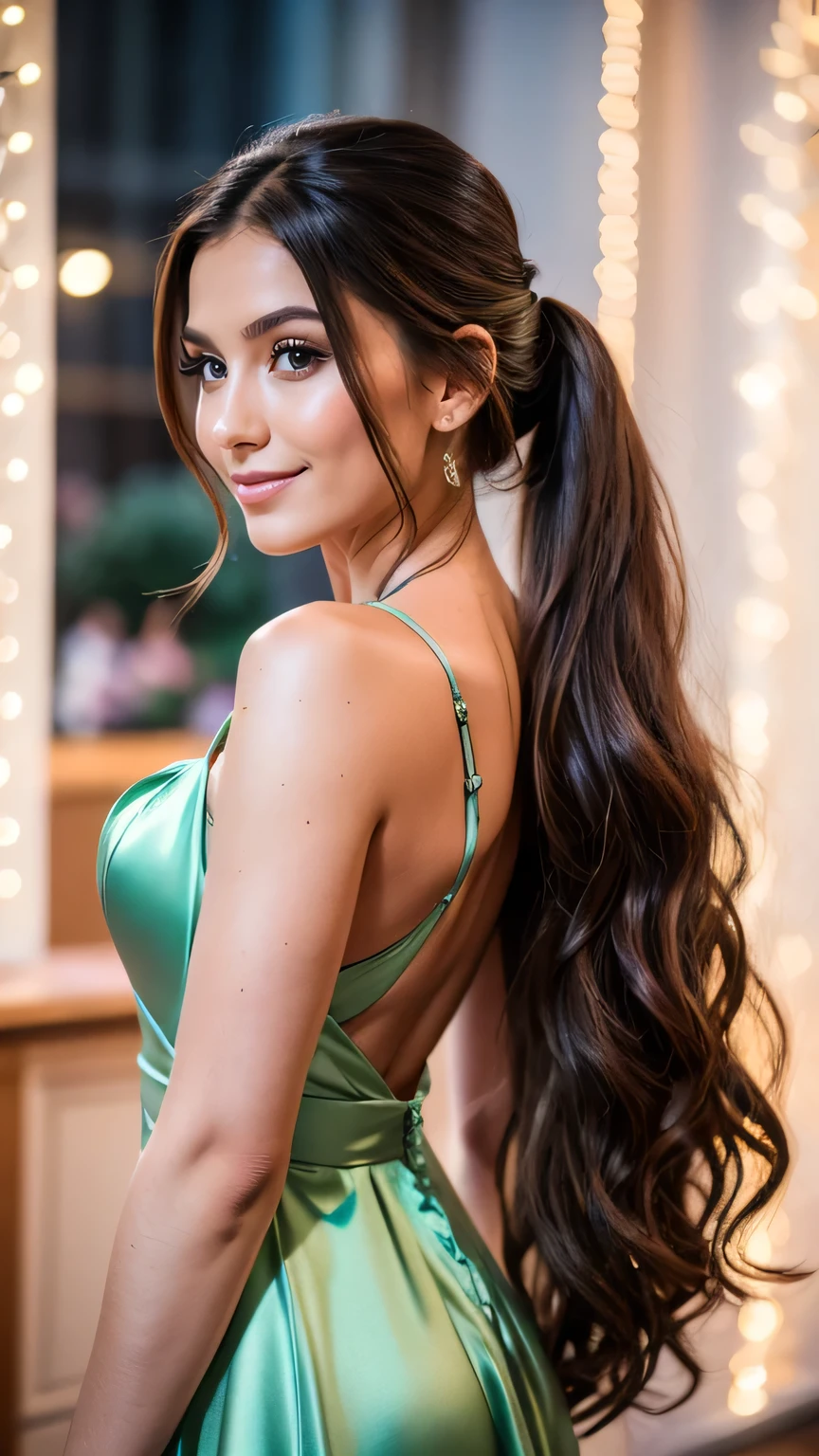 Realistic full body photo of a smiling brunette young girl with long hair, ponytail hairstyle, She dances in front of the camera in a long A-line bridesmaid dress with straps made of shiny light green satin., Park,glamour fotoshooting, Wedding celebration, perfect anatomy, perfect brown eyes. Perfect hands with 5 fingers on each hand, Matching girl, look into the camera, 1 Frau. (Eye make up:1.1), (highly detailed skin:1.1), spirit, analog style, keen focus, 8K UHD, dslr, good quality, Fujifilm XT3, Grain, Award-winning, masterpiece. Wedding celebration