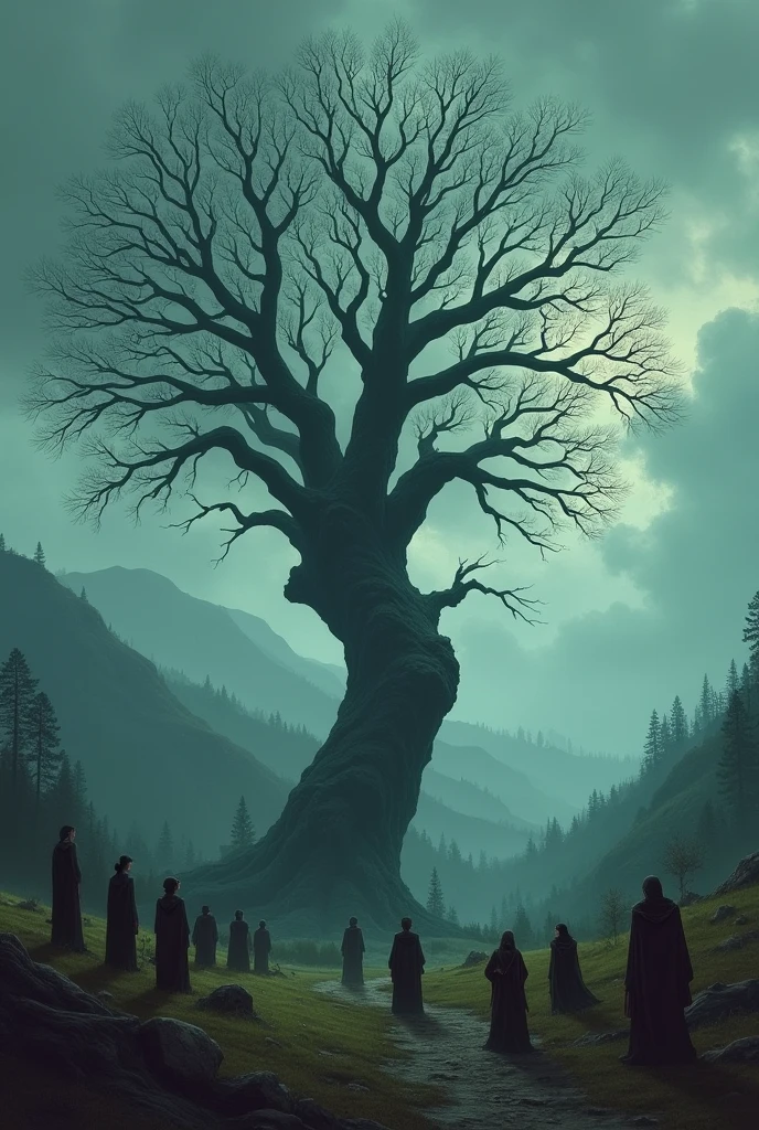 dead tree, several people lamenting, 2d illustration, fantasy style.